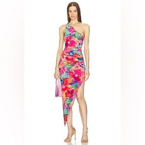 Michael Costello One-Shoulder Asymmetrical Floral Dress in Pink Multicolor